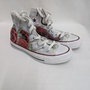 Converse White and Red High-Tops with Floral Art